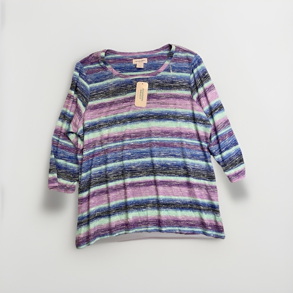 New Allison Daley Stripe Print Keyhole‎ Neck Knit Top purple blue 1x